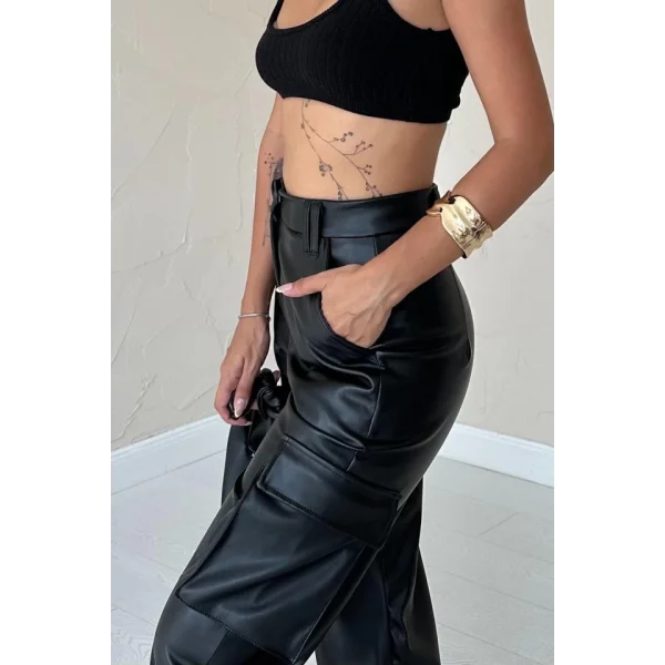 Siyah Yanlardan Cepli Deri Pantolon