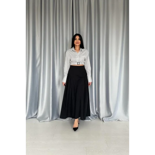 Siyah Yanları Büzgülü Uzun Etek