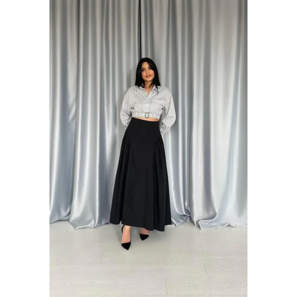 Siyah Yanları Büzgülü Uzun Etek
