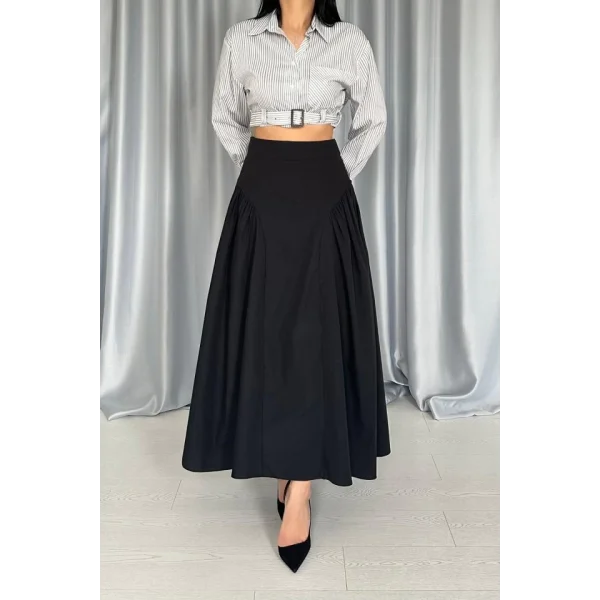 Siyah Yanları Büzgülü Uzun Etek