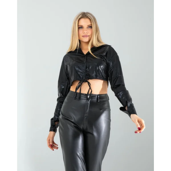 Siyah Yılan Varaklı Beli Bağcıklı Gömlek