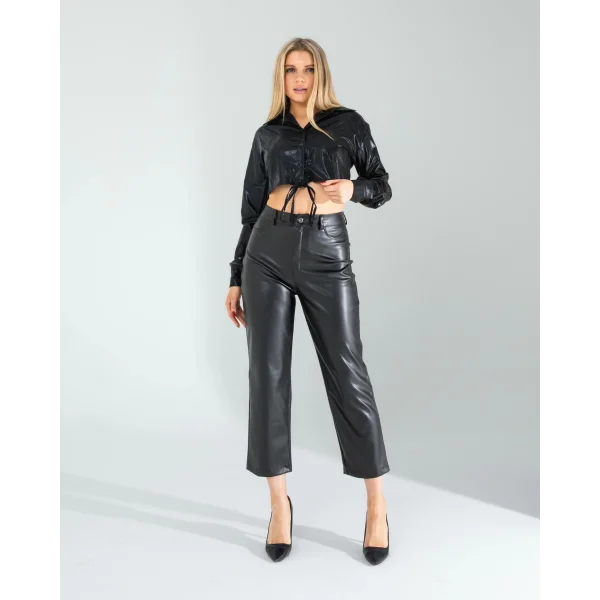 Siyah Yılan Varaklı Beli Bağcıklı Gömlek