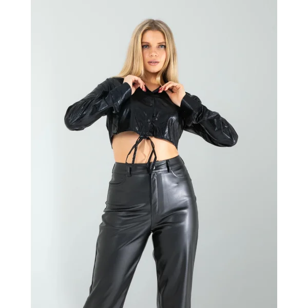 Siyah Yılan Varaklı Beli Bağcıklı Gömlek