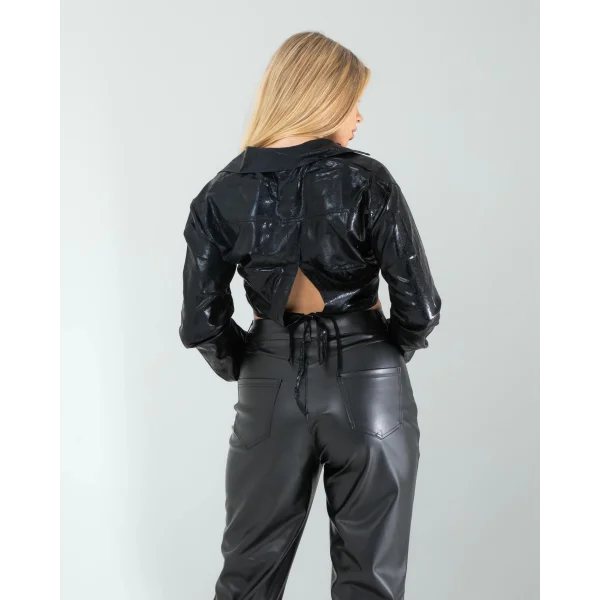 Siyah Yılan Varaklı Beli Bağcıklı Gömlek