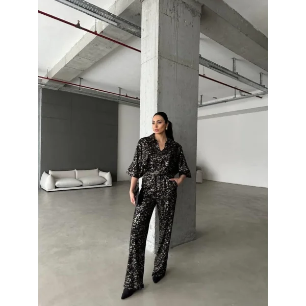 SİYAH ZEMİN VARAKLI BLUZ PANTOLON TAKIM - Gold