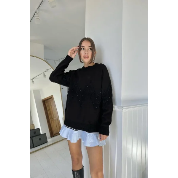 Siyah Zikzak Boncuklu Triko Kazak