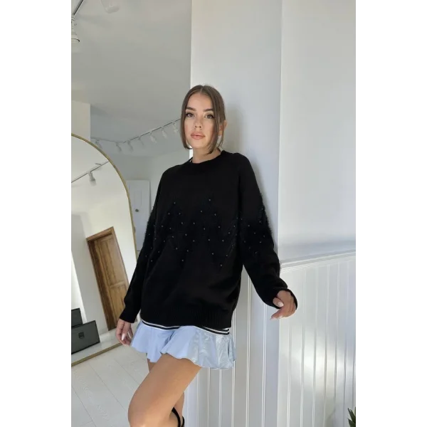 Siyah Zikzak Boncuklu Triko Kazak