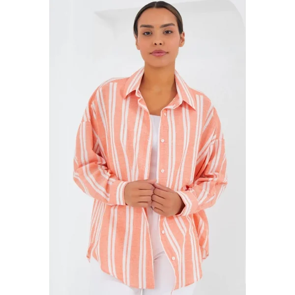 Somon Beyaz Çizgili Oversize Keten Gömlek 20251