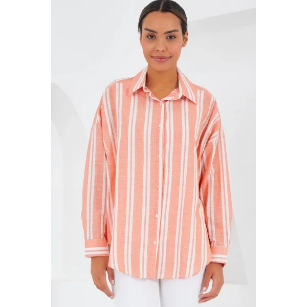 Somon Beyaz Çizgili Oversize Keten Gömlek 20251