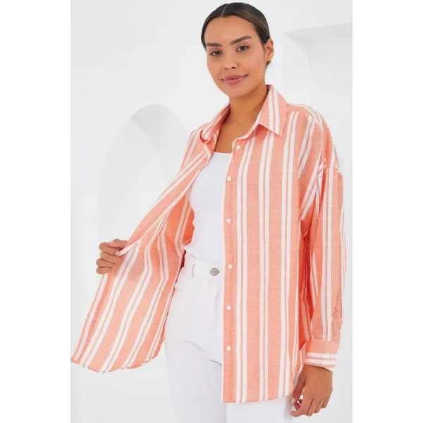 Somon Beyaz Çizgili Oversize Keten Gömlek 20251