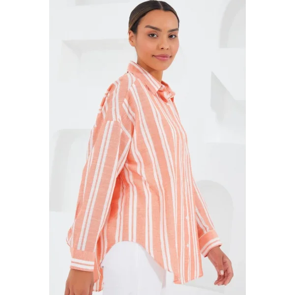 Somon Beyaz Çizgili Oversize Keten Gömlek 20251