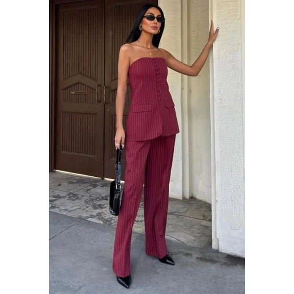 Straplez Büstiyer Ve Palazzo Pantolon Çizgili Takım 10005