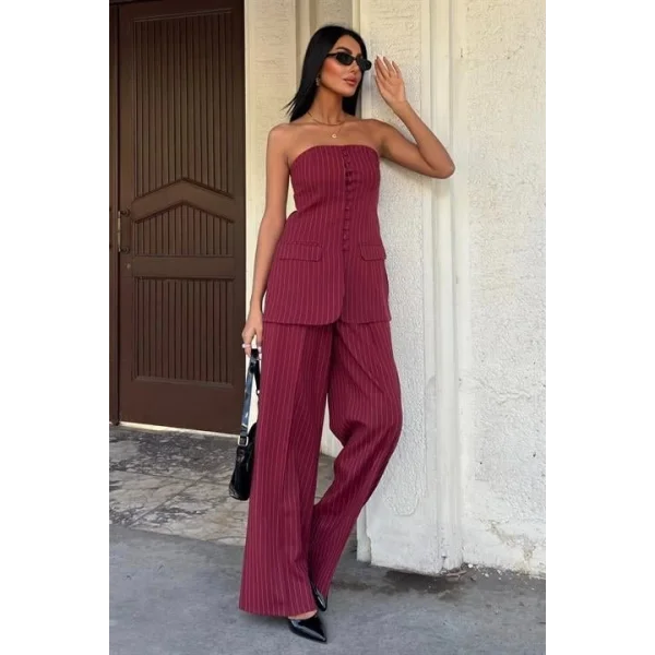 Straplez Büstiyer Ve Palazzo Pantolon Çizgili Takım 10005