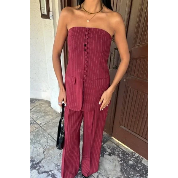 Straplez Büstiyer Ve Palazzo Pantolon Çizgili Takım 10005