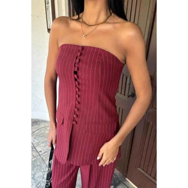 Straplez Büstiyer Ve Palazzo Pantolon Çizgili Takım 10005