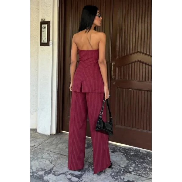 Straplez Büstiyer Ve Palazzo Pantolon Çizgili Takım 10005