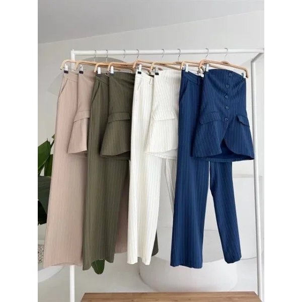 Straplez Büstiyerli Plazzo Pantolonlu Çizgili Takım 10151