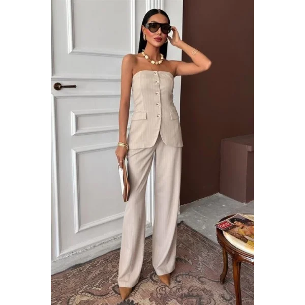 Straplez Büstiyerli Plazzo Pantolonlu Çizgili Takım 10151