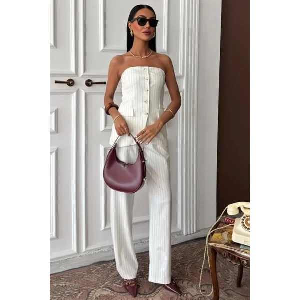Straplez Büstiyerli Plazzo Pantolonlu Çizgili Takım 10151