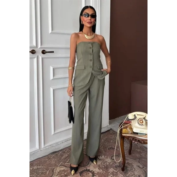 Straplez Büstiyerli Plazzo Pantolonlu Çizgili Takım 10151