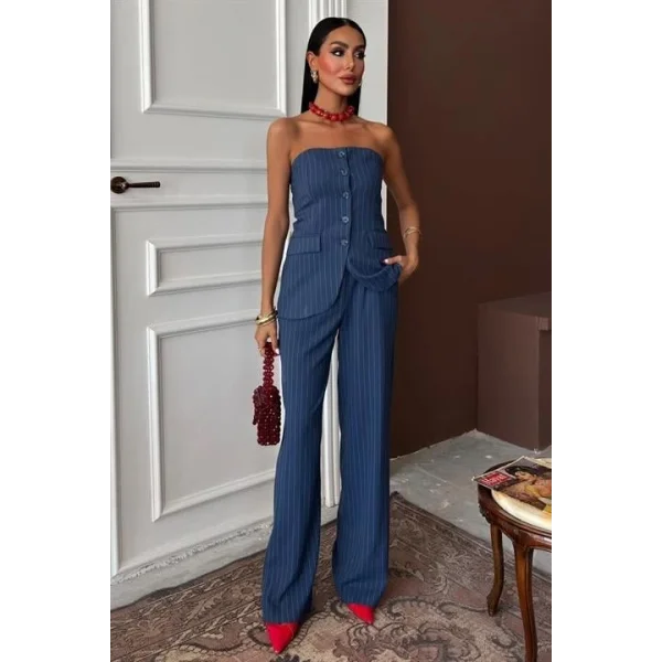 Straplez Büstiyerli Plazzo Pantolonlu Çizgili Takım 10151