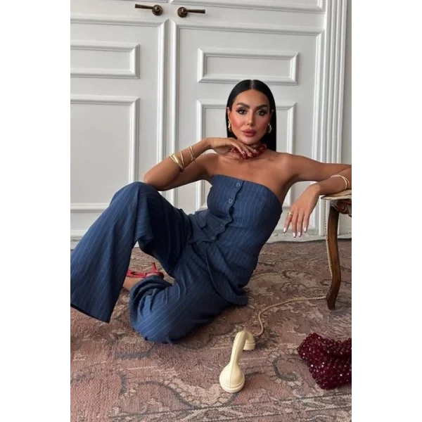 Straplez Büstiyerli Plazzo Pantolonlu Çizgili Takım 10151