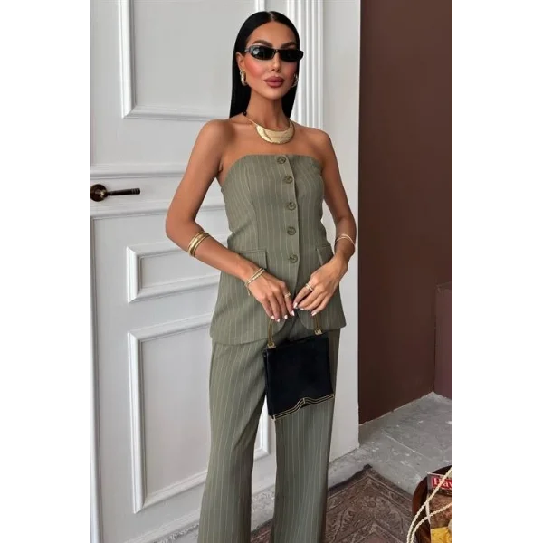 Straplez Büstiyerli Plazzo Pantolonlu Çizgili Takım 10151