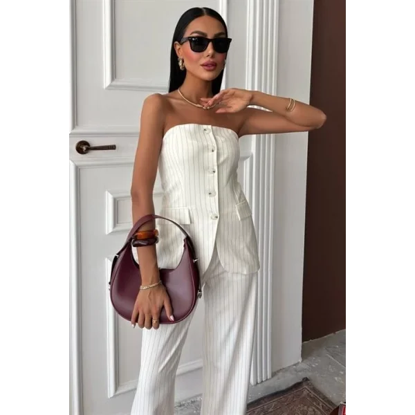 Straplez Büstiyerli Plazzo Pantolonlu Çizgili Takım 10151