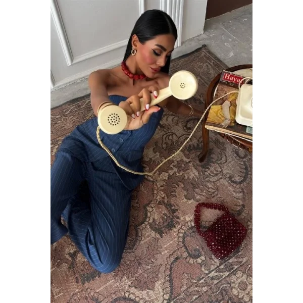 Straplez Büstiyerli Plazzo Pantolonlu Çizgili Takım 10151