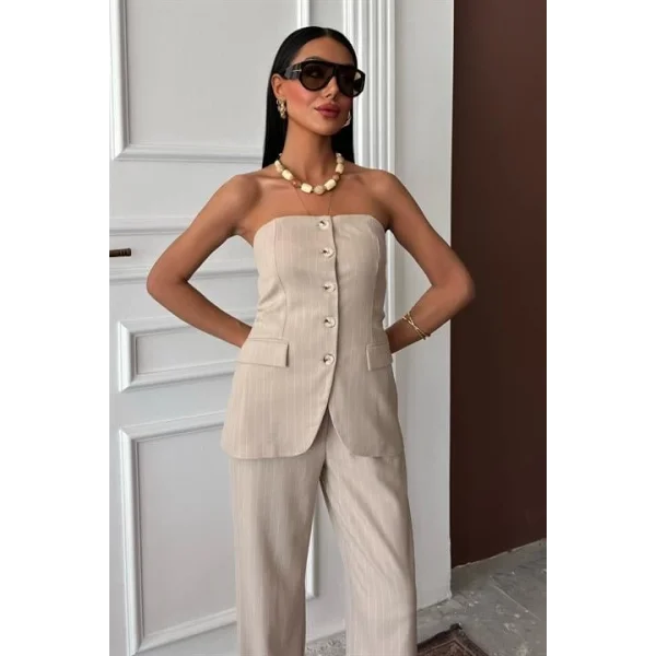 Straplez Büstiyerli Plazzo Pantolonlu Çizgili Takım 10151