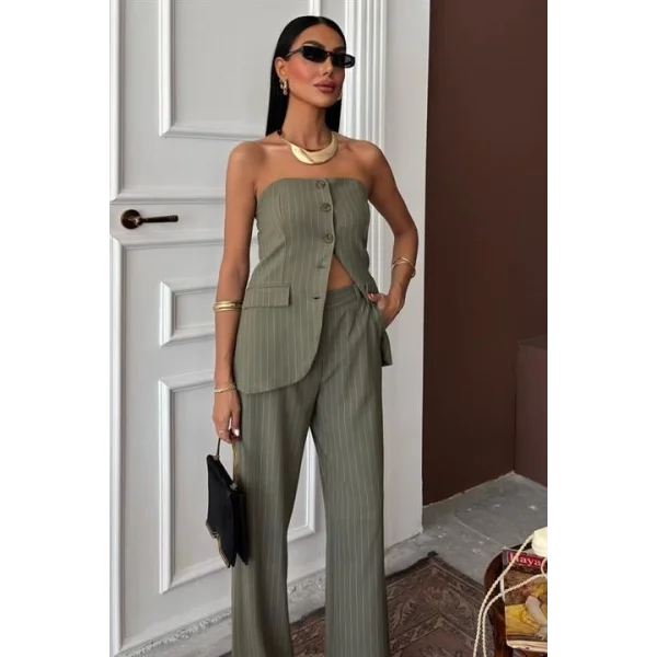 Straplez Büstiyerli Plazzo Pantolonlu Çizgili Takım 10151