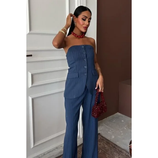 Straplez Büstiyerli Plazzo Pantolonlu Çizgili Takım 10151