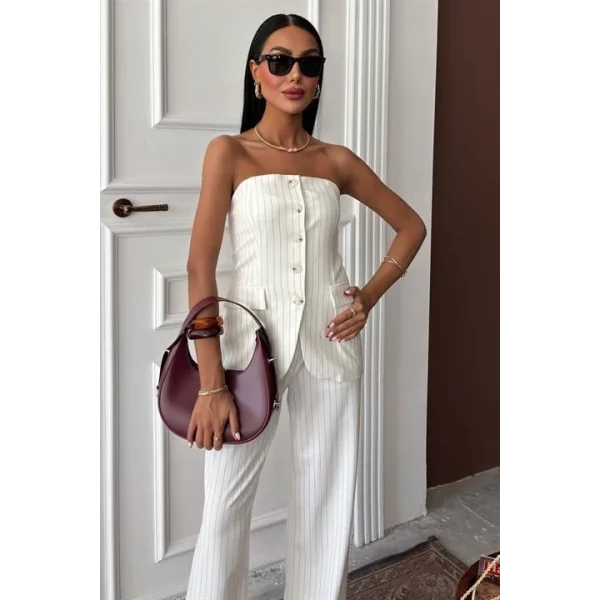 Straplez Büstiyerli Plazzo Pantolonlu Çizgili Takım 10151