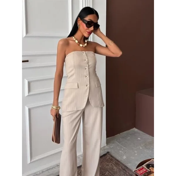 Straplez Büstiyerli Plazzo Pantolonlu Çizgili Takım 10151