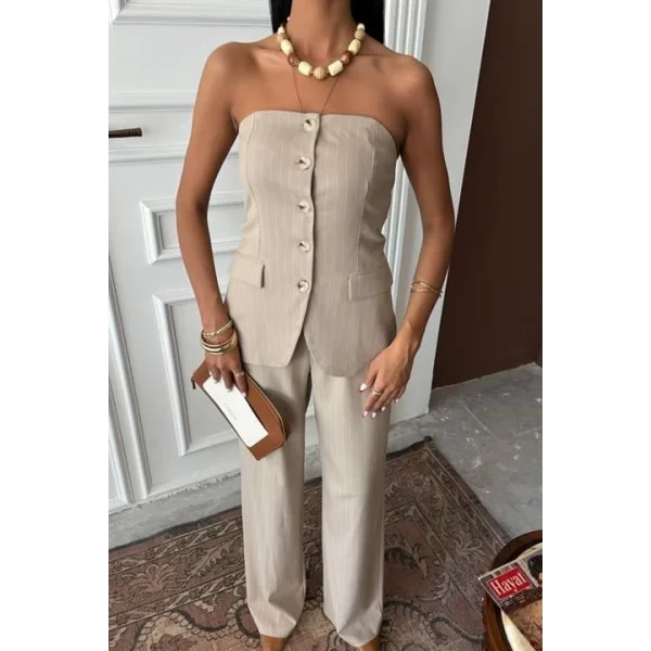 Straplez Büstiyerli Plazzo Pantolonlu Çizgili Takım 10151