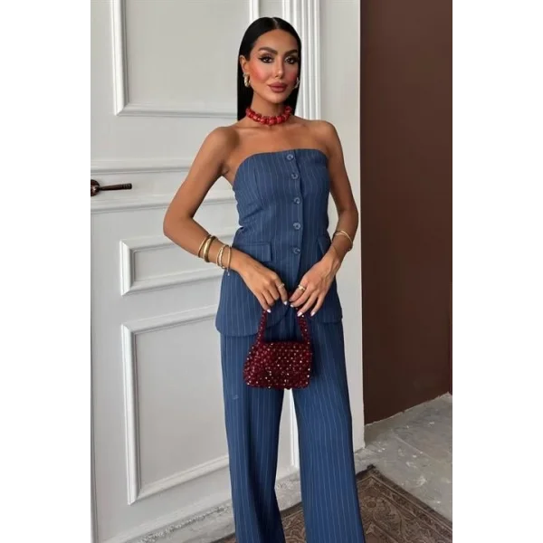 Straplez Büstiyerli Plazzo Pantolonlu Çizgili Takım 10151