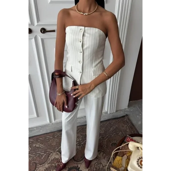 Straplez Büstiyerli Plazzo Pantolonlu Çizgili Takım 10151