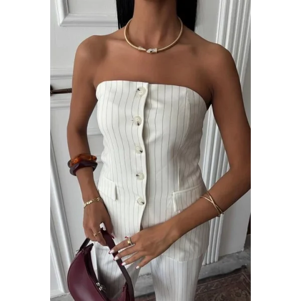 Straplez Büstiyerli Plazzo Pantolonlu Çizgili Takım 10151