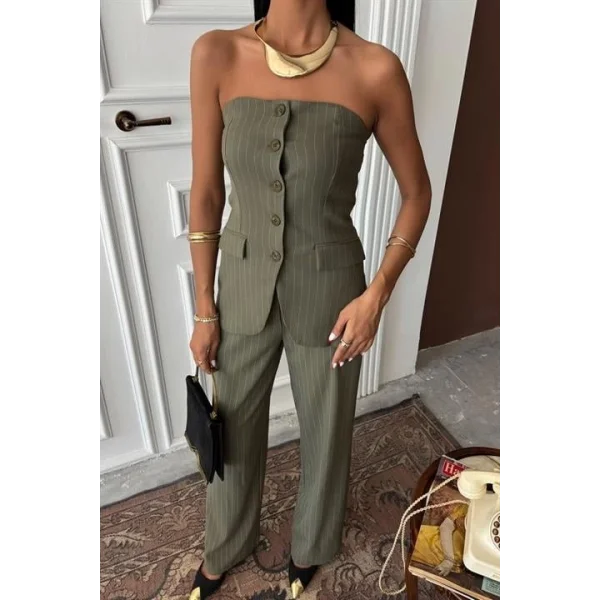 Straplez Büstiyerli Plazzo Pantolonlu Çizgili Takım 10151