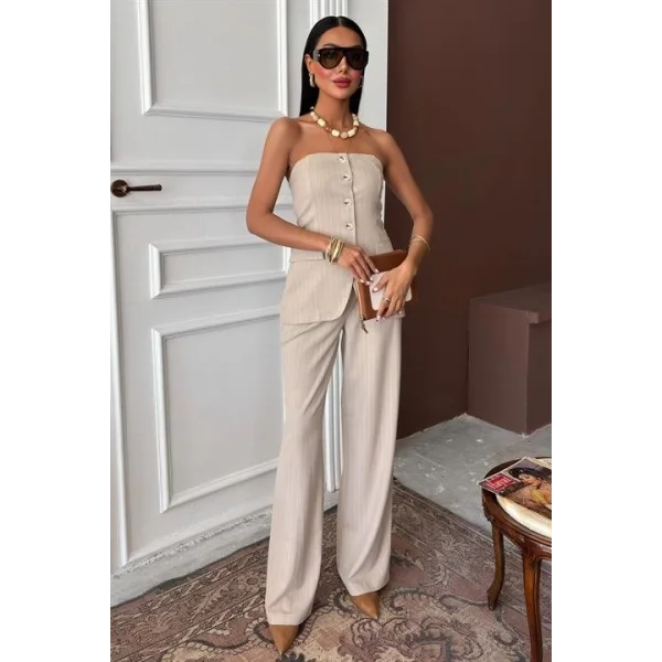 Straplez Büstiyerli Plazzo Pantolonlu Çizgili Takım 10151