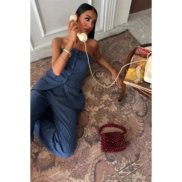 Straplez Büstiyerli Plazzo Pantolonlu Çizgili Takım 10151