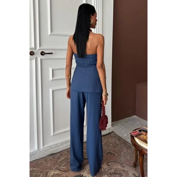 Straplez Büstiyerli Plazzo Pantolonlu Çizgili Takım 10151