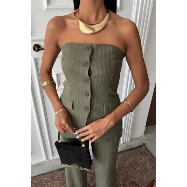 Straplez Büstiyerli Plazzo Pantolonlu Çizgili Takım 10151