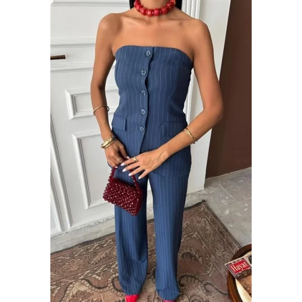 Straplez Büstiyerli Plazzo Pantolonlu Çizgili Takım 10151