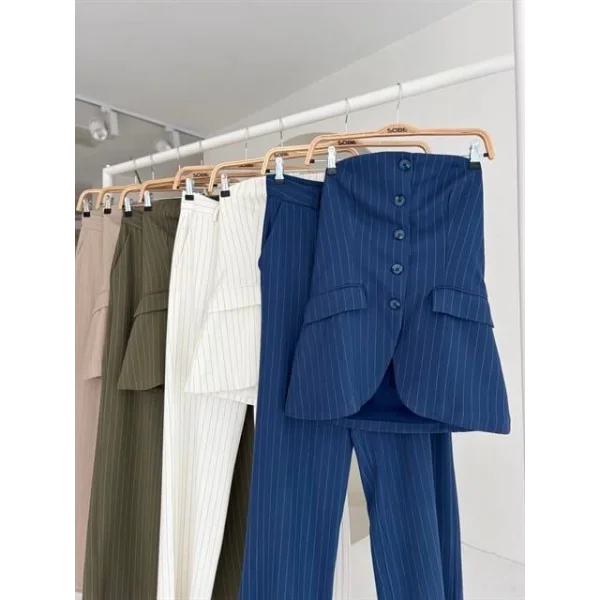 Straplez Büstiyerli Plazzo Pantolonlu Çizgili Takım 10151