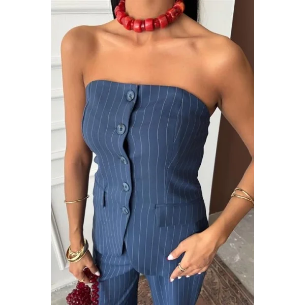 Straplez Büstiyerli Plazzo Pantolonlu Çizgili Takım 10151