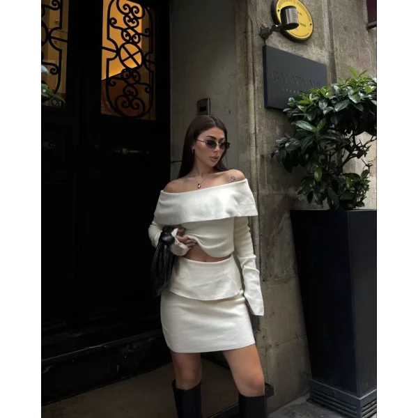 Straplez , Madonna , Carmen Yaka Croplu Mini Etekli ikili Takım Triko - Beyaz