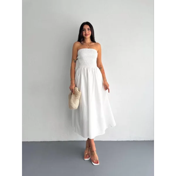 Straplez Pileli Elbise - Beyaz