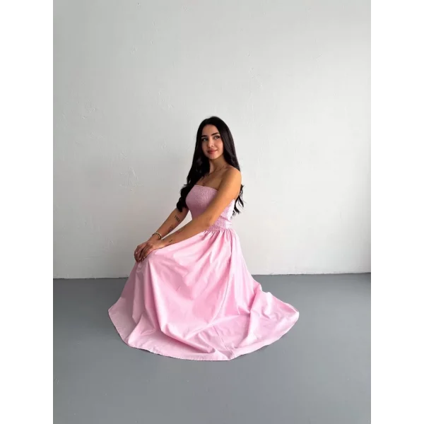 Straplez Pileli Elbise - Pembe