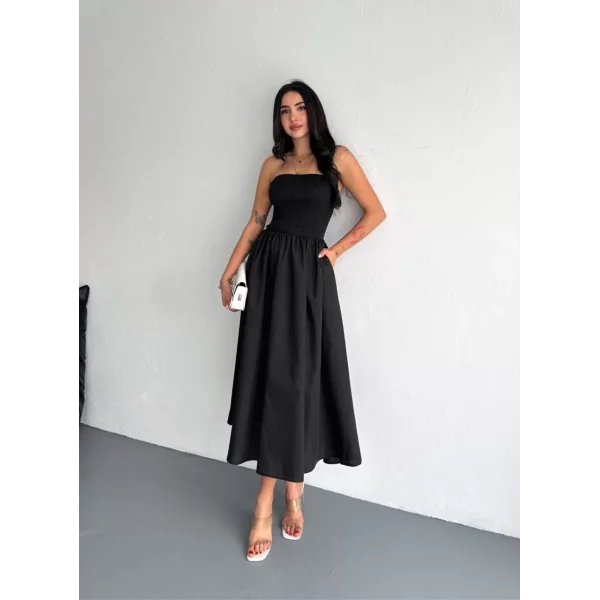 Straplez Pileli Elbise - Siyah